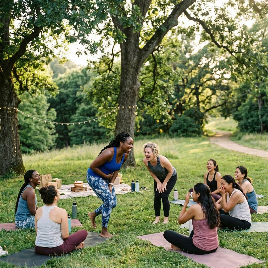 Group of women practicing yoga outdoors with birthday decorations